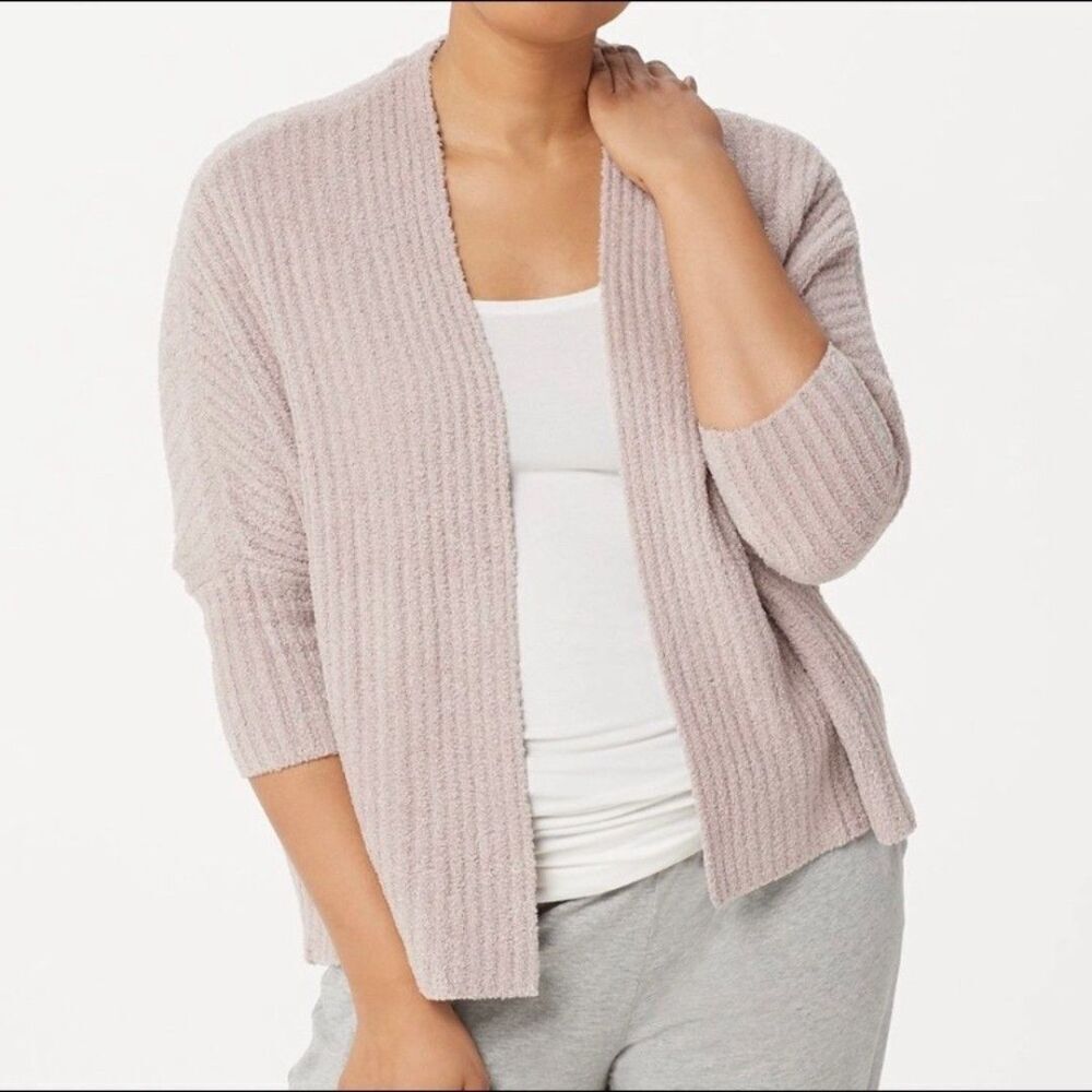 Barefoot Dreams CozyChic Lite Cardigan Womens S M Blush Ribbed Open Front Soft